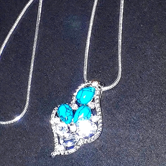 Natural Blue Turquoise, White Topaz & Cz 925 Sterling‎ Silver Necklace. - Picture 2 of 4
